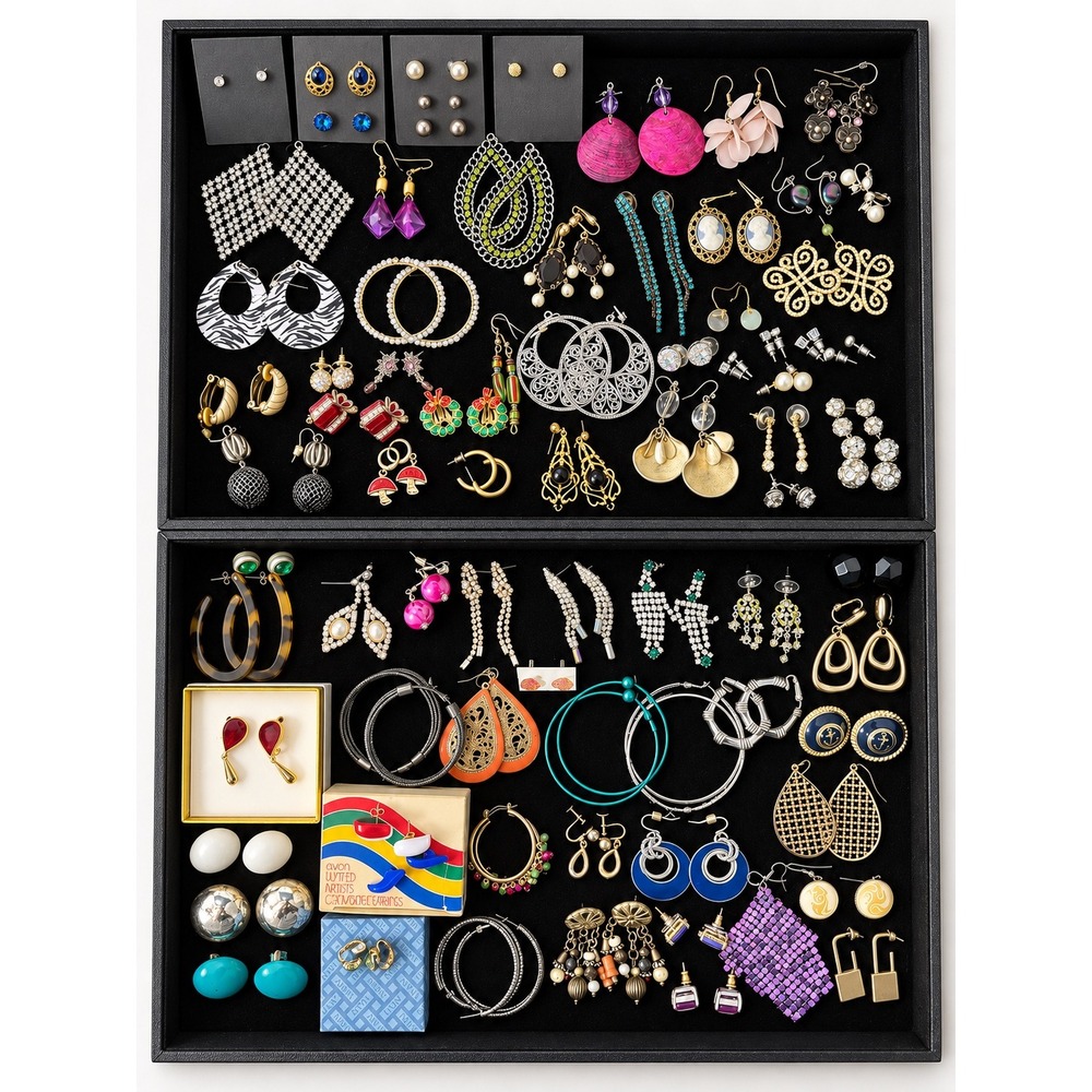 Vtg Earring Lot Avon Cameo Rhinestone Hoop Stud Dangle clip on sterling 77 Pairs